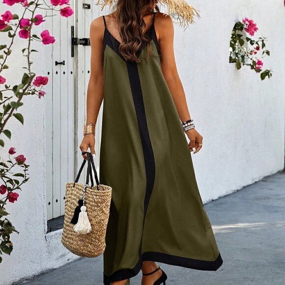 . Dresses & Skirts - Army Green Casual Women's Color Block Spaghetti Strap Dress